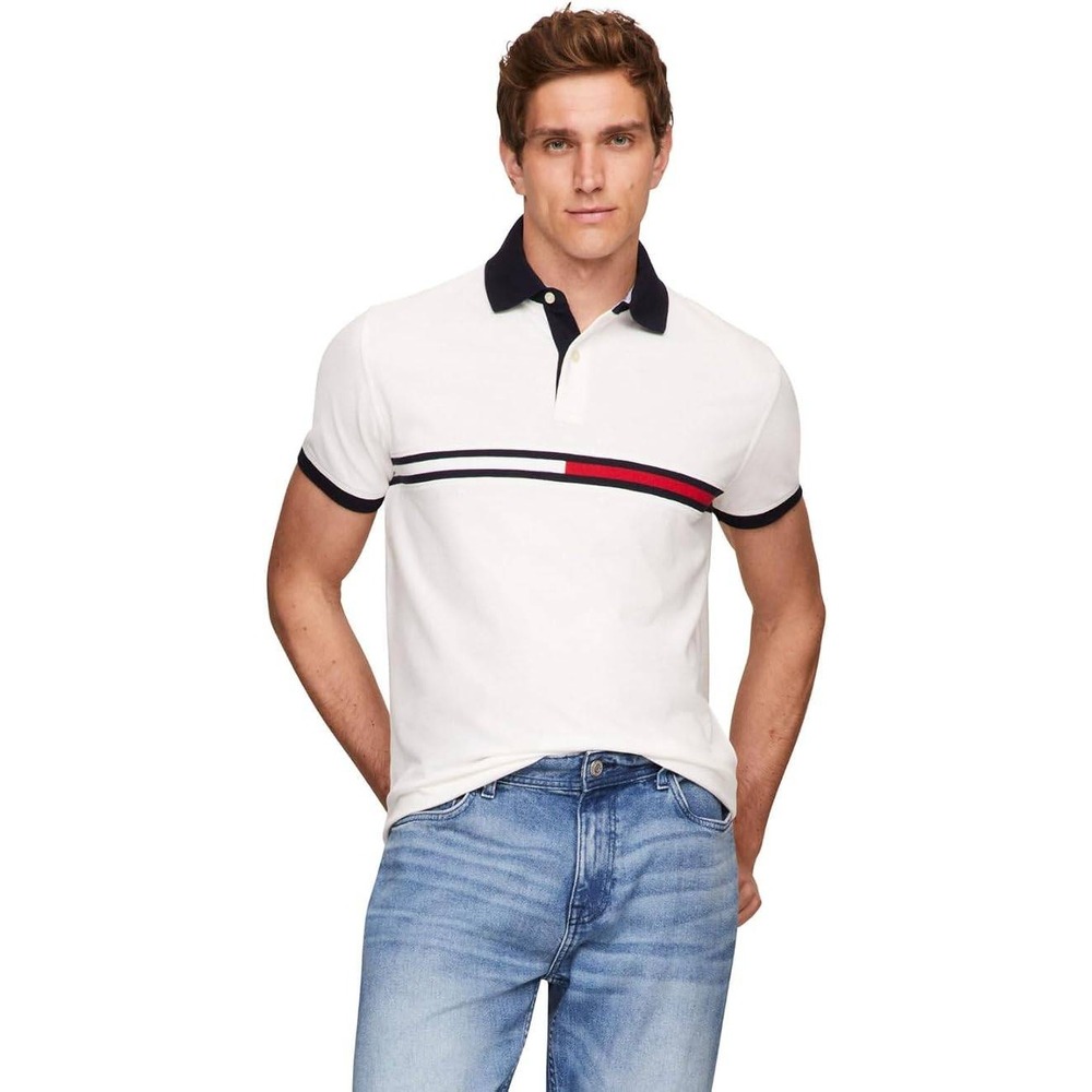 Tommy Hilfiger Men Short Sleeve Cotton Pique Flag Graphic Polo Shirt Size Large